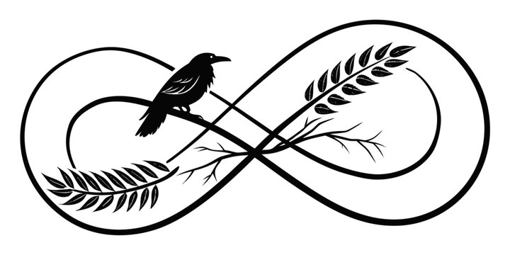 Crow perched on tree branches forming infinity symbol with leaves graphic illustration infinity eternity branches wilderness illustration spiritual knowledge mysterious