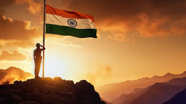 Kargil Vijay Diwas celebration with Indian soldier saluting the national flag at sunset