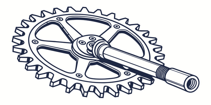 Detailed technical illustration of a mechanical sprocket wheel attached to a drive shaft or axle bolt with sprocket mechanism technical engineering component industry