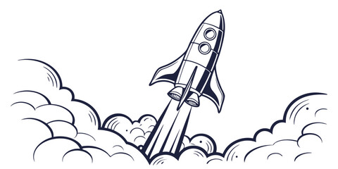 Retro space rocket launching illustration with smoke and clouds for startup growth concept business illustration technology innovation achievement exploration propulsion © Mamun