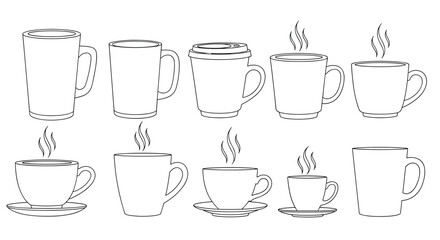 Obraz premium Set of ten outline drawings of coffee mugs and teacups in various sizes and designs, some with saucers and rising steam icons.