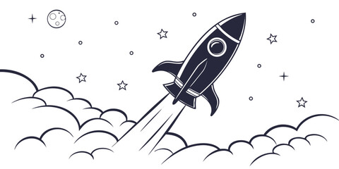 Rocket ship flying in outer space with moon stars and clouds line art illustration universe exploration technology astronomy celestial innovation propulsion illustration © Mamun