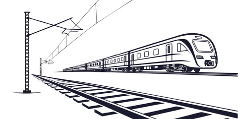 Black and white line art illustration of a modern passenger train on railway tracks with overhead power lines transport locomotive electric passenger illustration industry © Mamun