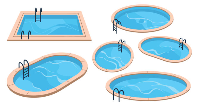 Five different swimming pool designs including rectangular, oval, and circular shapes with ladders for outdoor backyard leisure.