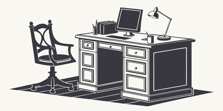 Classic executive wooden desk illustration with elegant chair computer and desk lamp executive furniture workspace business illustration computer workstation interior