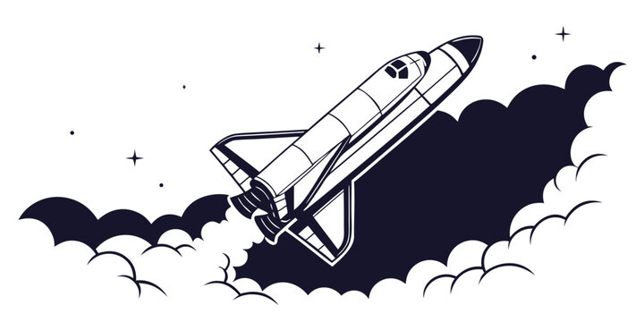 Space shuttle launching through dark clouds and starry night sky graphic illustration with exploration technology astronomy universe progress illustration silhouette