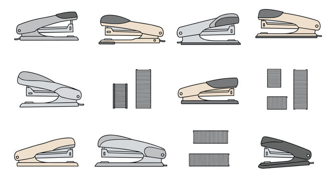 Set of office staplers in grey, tan, and black colors along with various stacks and clusters of metal staples on a white background.