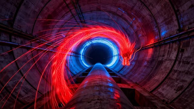 Industrial concrete tunnel interior with red dragon light painting and blue lighting