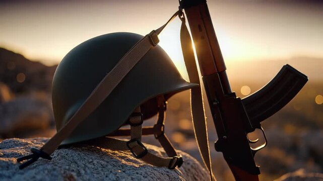 Kargil Vijay Diwas tribute honoring soldiers with helmet and rifle
