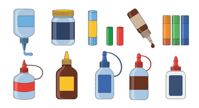 Wide selection of adhesive products including various liquid white glue bottles, yellow glue sticks, and specialty wood glue jars.