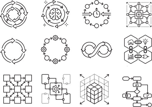 Modern business process icons set, 12 thin line vector symbols for workflow automation, artificial intelligence and data management infographics