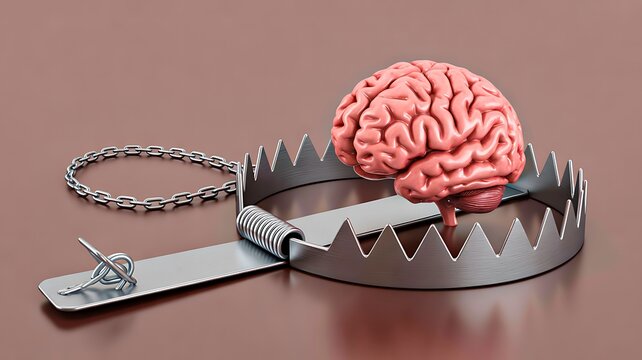 Brain trapped in bear trap representing mental stress and psychological danger
