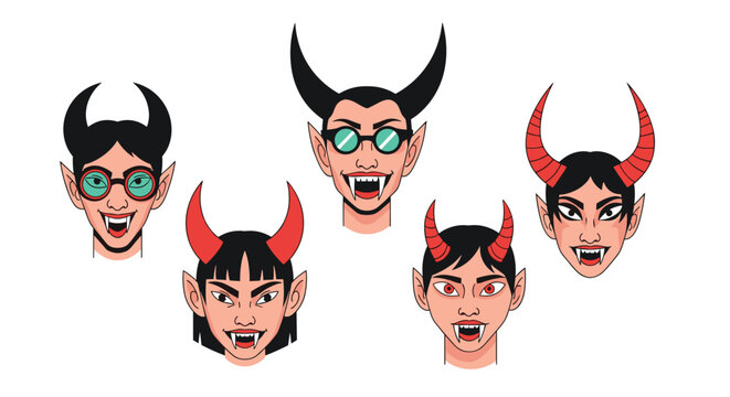 Five cartoon devil heads featuring unique black or red horns and varying facial expressions with sharp fangs and pointy ears.