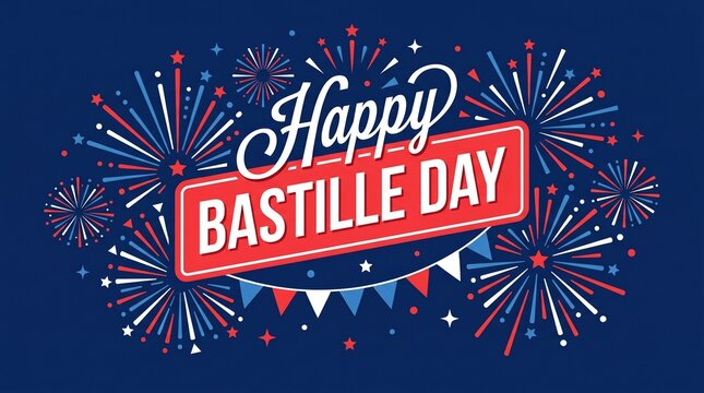 Happy bastille day greeting card design with colorful fireworks and festive bunting flags