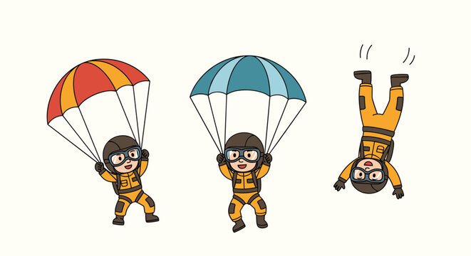Professional skydiving characters with parachutes falling through the air for extreme sports and adventure concept illustration.