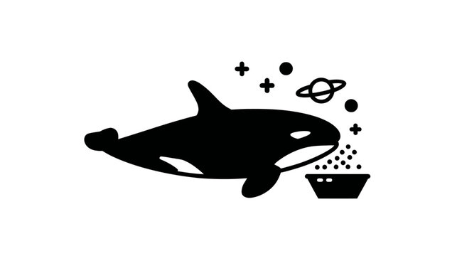 Stylized black silhouette icon of an orca whale with cosmic stars and a planet, eating from a bowl, on a white background