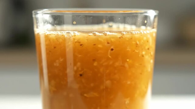 Close-up pouring liquid into a glass of healthy orange drink with pulp and ginger bits. preparing fresh detox juice or immunity booster beverage.