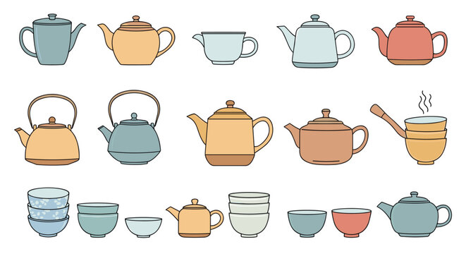 Collection of assorted ceramic teapots and teacups of various shapes and colors for traditional tea time and kitchen decoration.