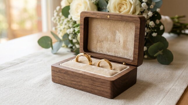 Wedding rings arranged on table scene .symbolic union love commitment and elegant detail in romantic ceremony preparation setting concept.