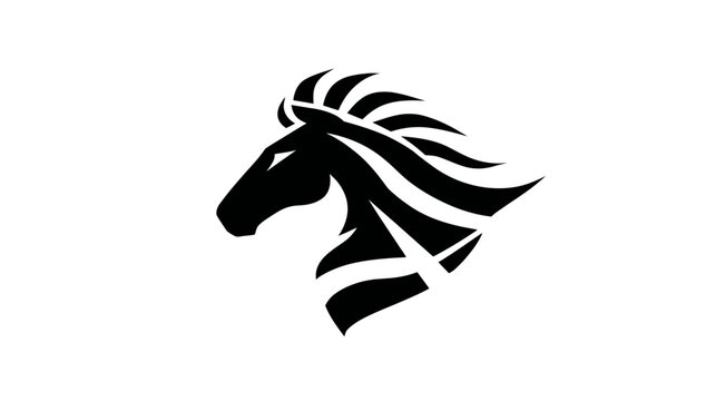 Powerful and elegant stylized black horse head silhouette with a dynamic, flowing mane on a clean white background. Modern equine graphic icon.