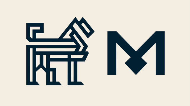 Abstract geometric stylized animal illustration and minimalist letter M icon on a light background, modern graphic design element