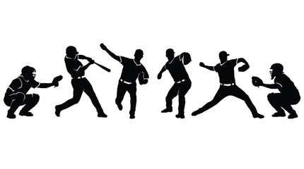 Fototapeta premium Black silhouettes of baseball players showing various actions including batting pitching and catching in this image