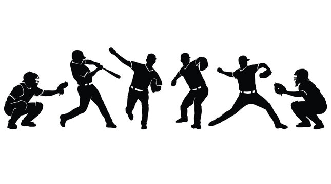 Black silhouettes of baseball players showing various actions including batting pitching and catching in this image