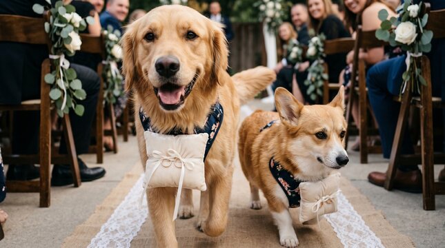 Dog entering wedding ceremony carrying rings.cute pet participation love celebration and unique romantic moment in elegant event concept.