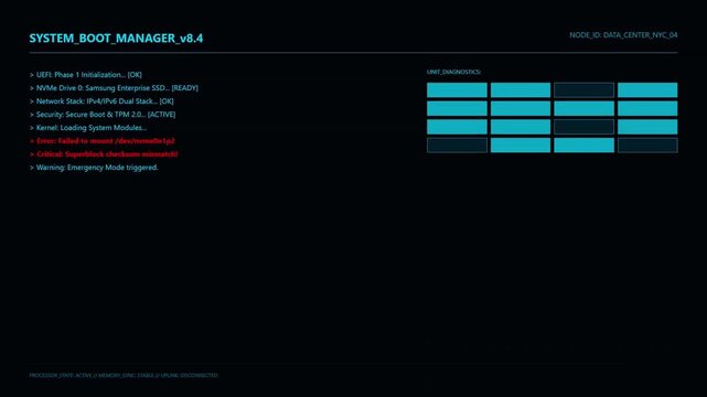 System Boot Manager Error Screen with Red HUD Interface and Critical Boot Failed Storage Connectivity Warning.