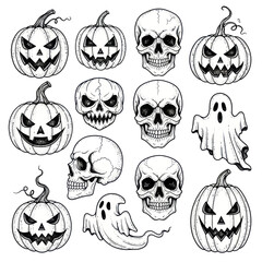 Obraz premium Halloween Icons: Carved Pumpkins, Skulls, and Ghosts - Black and White Drawings