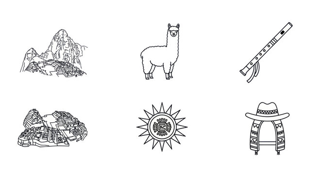 Peru Icons: Machu Picchu, Llama, Flute, Sun Symbol, Hat
