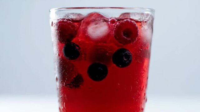 Refreshing cold berry cocktail with raspberries and blueberries in a glass covered with condensation and ice cubes, close-up shot