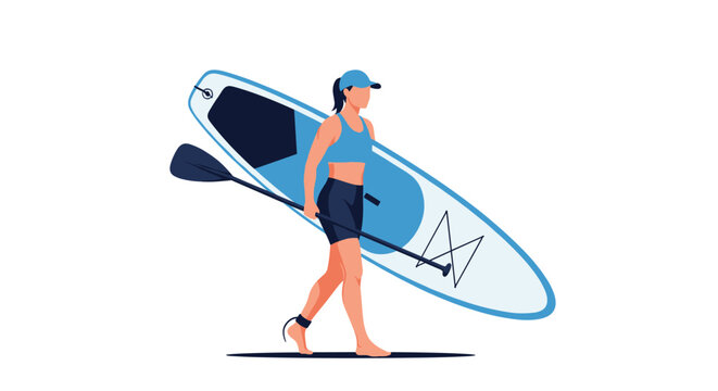 Athletic woman wearing a blue sports top and cap carries a large paddleboard and a paddle while walking along a white sandy beach in summer.
