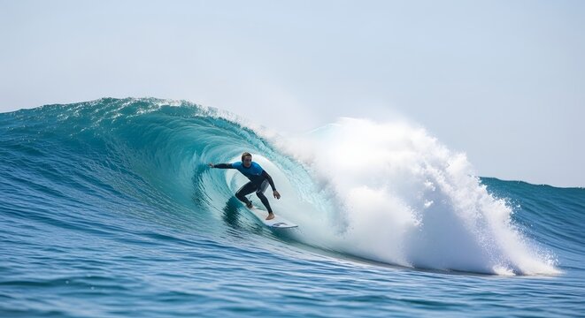 Surfer Riding Large Ocean Wave in Action Scene.
