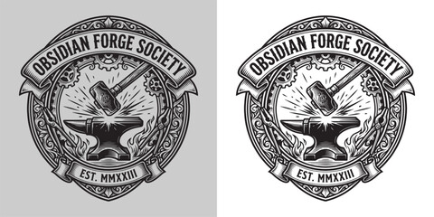Fototapeta premium Obsidian Forge Society Blacksmith Emblem with Anvil Hammer Gears and Decorative Ornaments