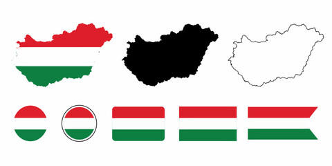 Fototapeta premium The Hungarian flag and map icons are displayed on a white background with various styles and shapes.