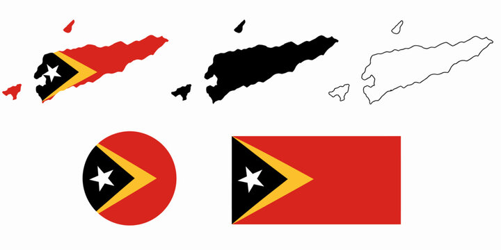 The national flag and map of East Timor are illustrated in various formats on a clean background.