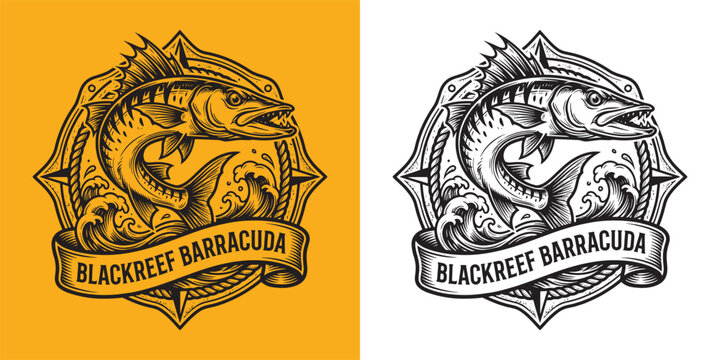 Nautical Blackreef Barracuda Circle Emblem with Compass Navigation and Sea Waves