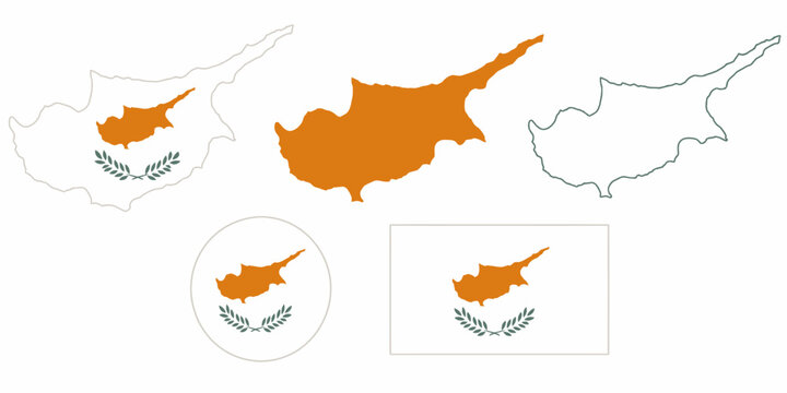 Map and flag illustrations of Cyprus in various formats and colors displayed