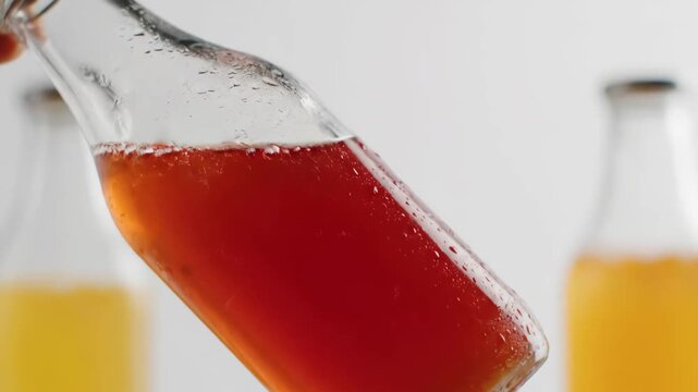Refreshing close-up shot of a tilted glass bottle containing red fizzy beverage, showing condensation and carbonation bubbles against a bright studio background.