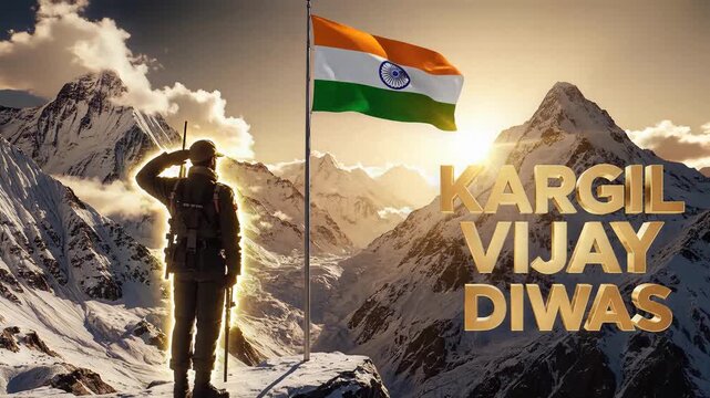 Kargil Vijay Diwas celebration with Indian soldier saluting national flag