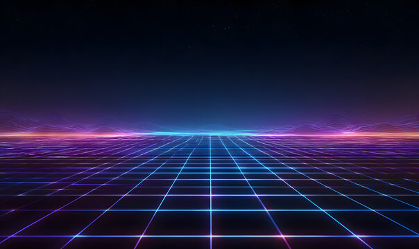 Abstract digital landscape with minimalist wireframe mountains and glowing neon horizon grid under dark twilight sky dreamy aesthetic purple and blue light atmospheric background wallpaper design.