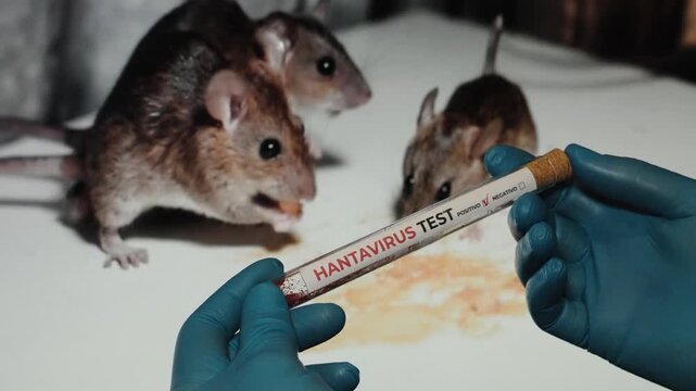 Hantavirus test tube with infected rodents and virus background