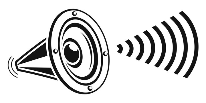 Audio speaker emitting sound waves as a black and white graphic symbol with loudspeaker broadcasting announcement communication amplification broadcast acoustic electronics