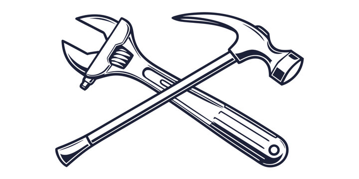 Crossed adjustable wrench and hammer tools icon with maintenance construction handyman plumbing carpentry hardware building industry mechanical engineering renovation
