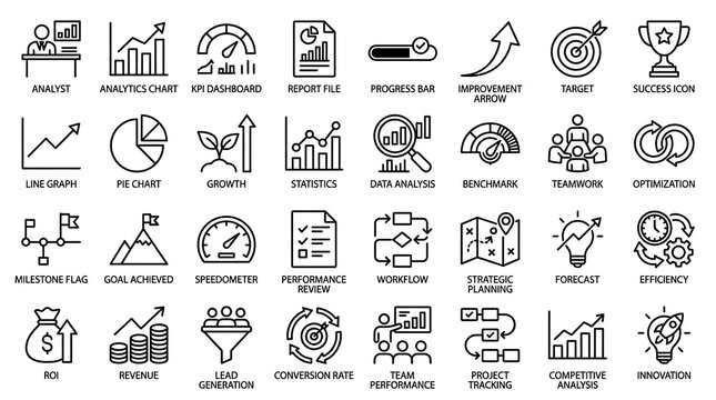 Corporate icons represent strategic growth and financial management using refined black line art symbols.