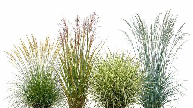 Four types of ornamental grasses with different colors and textures isolated on white. Blue, green, and variegated foliage.