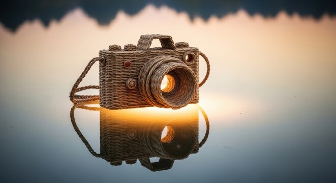 Woven camera emits golden light while reflecting on calm water. Surreal Silliness Wallpaper Background image