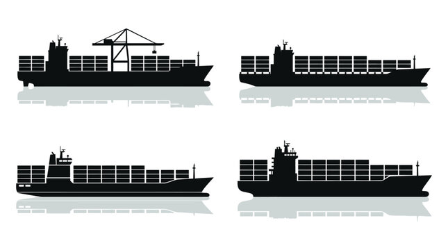 Black silhouettes of large container ships arranged in a collection for global maritime logistics transport industry