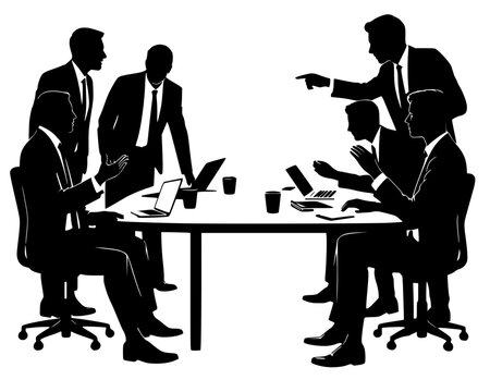Professional business meeting silhouette featuring a group of businessmen in suits having an intense discussion around a conference table with laptops. Sharp vector art of a corporate